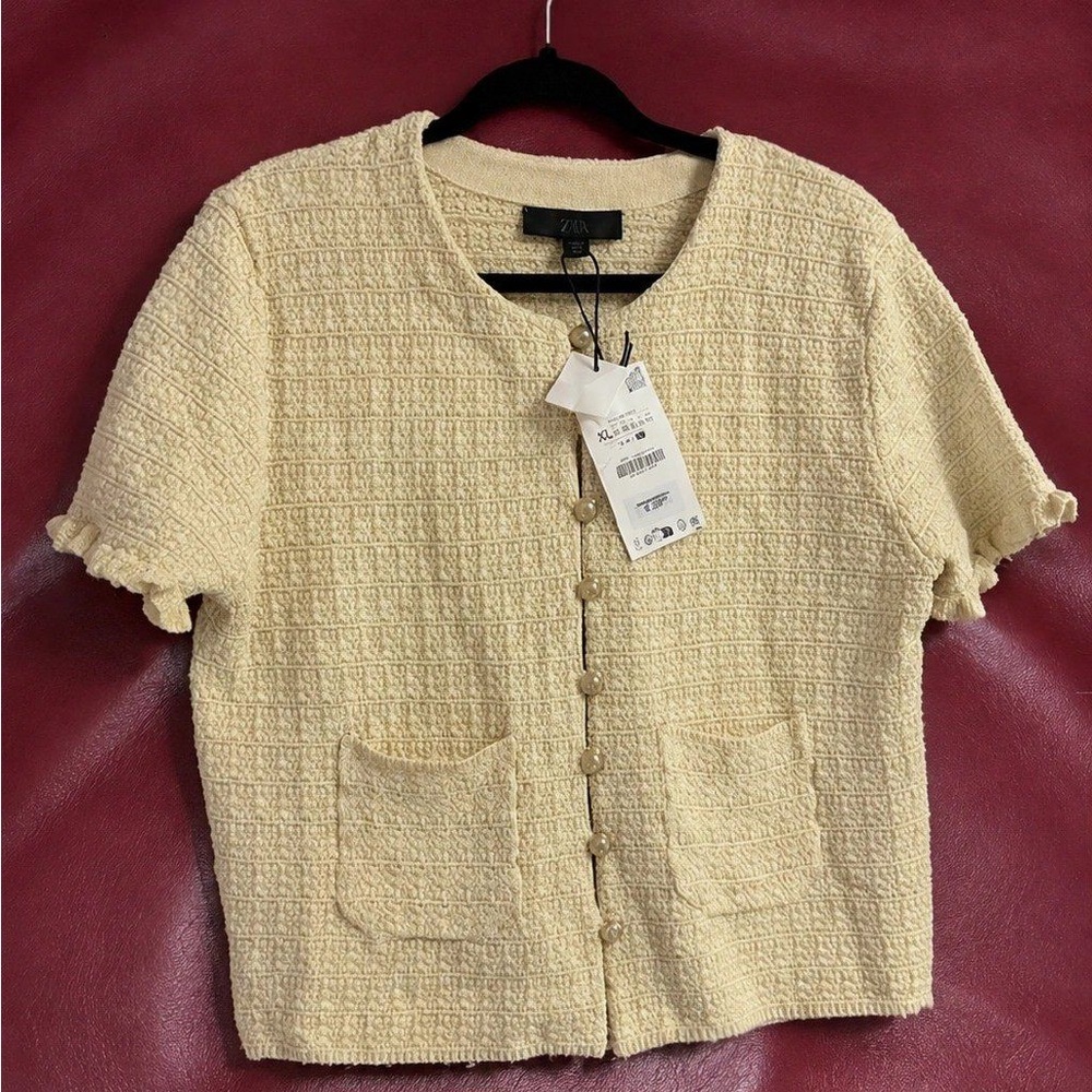 Zara Short Sleeve Textured Button-Front Top - Pale Yellow